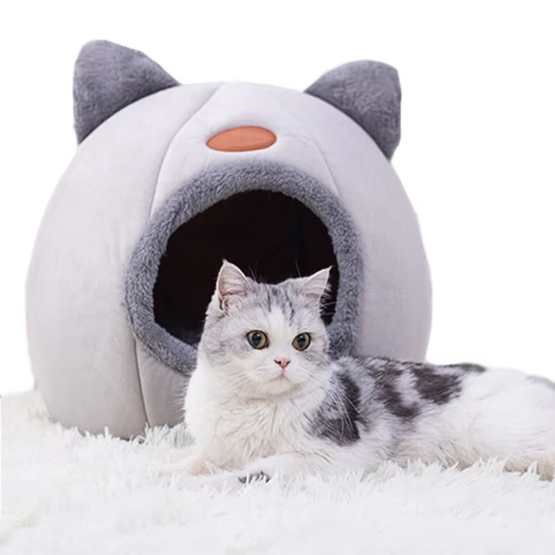 Winter Warm and Cold Proof Cat Bed Cozy Cat Cave Bed Cat Tent with Removable Cushion Pillow Cat Head Shape Cute Pet Supplies