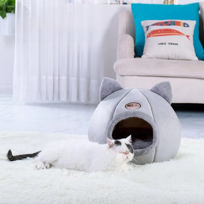 Winter Warm and Cold Proof Cat Bed Cozy Cat Cave Bed Cat Tent with Removable Cushion Pillow Cat Head Shape Cute Pet Supplies