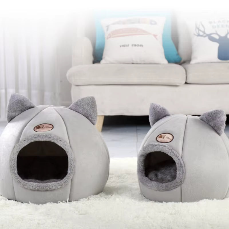 Winter Warm and Cold Proof Cat Bed Cozy Cat Cave Bed Cat Tent with Removable Cushion Pillow Cat Head Shape Cute Pet Supplies