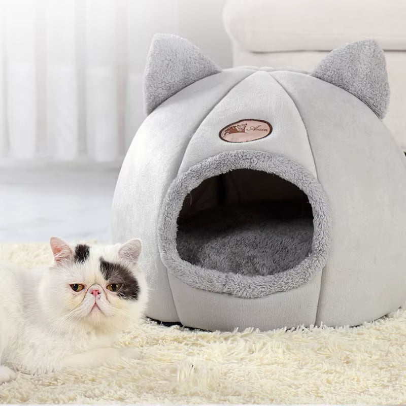 Winter Warm and Cold Proof Cat Bed Cozy Cat Cave Bed Cat Tent with Removable Cushion Pillow Cat Head Shape Cute Pet Supplies