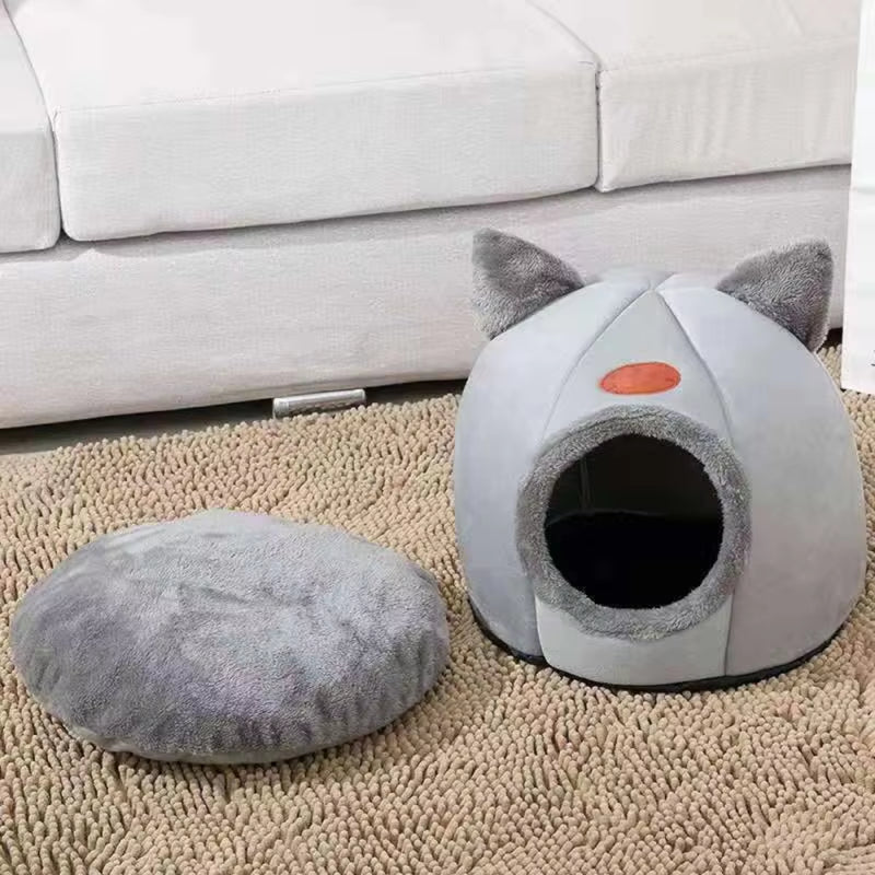 Winter Warm and Cold Proof Cat Bed Cozy Cat Cave Bed Cat Tent with Removable Cushion Pillow Cat Head Shape Cute Pet Supplies