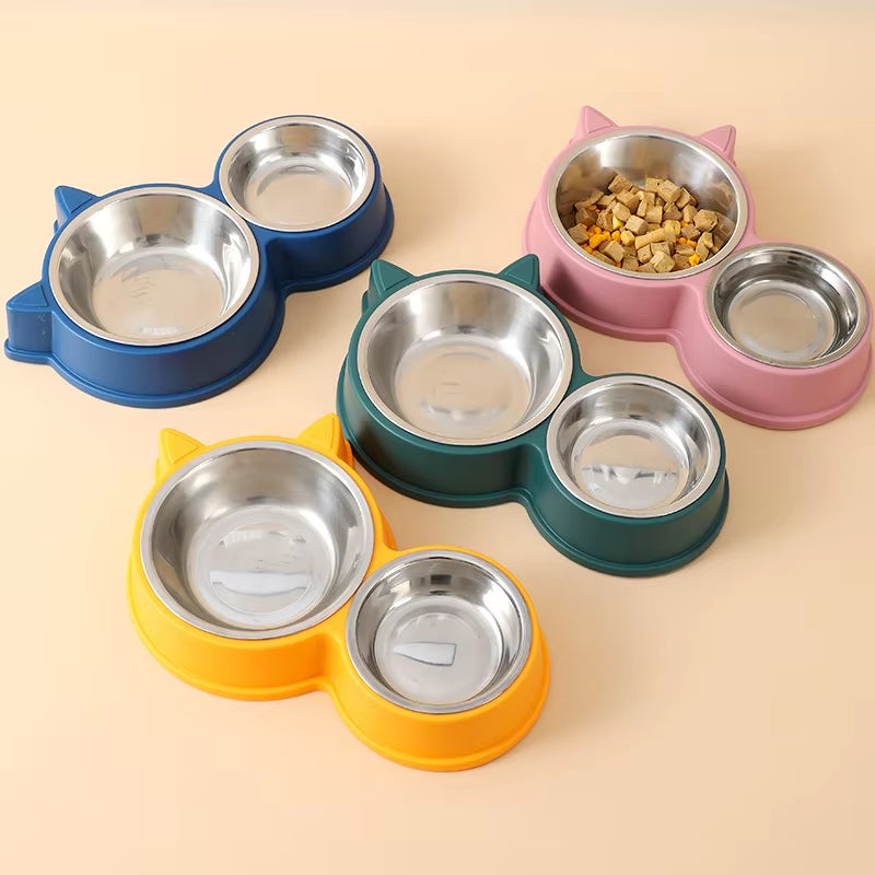 New Puppy Kitten Feeding Supplies Two Pet Bowls Dog Food Drinker Stainless Steel Pet Drinking Dish Feeder Access Device