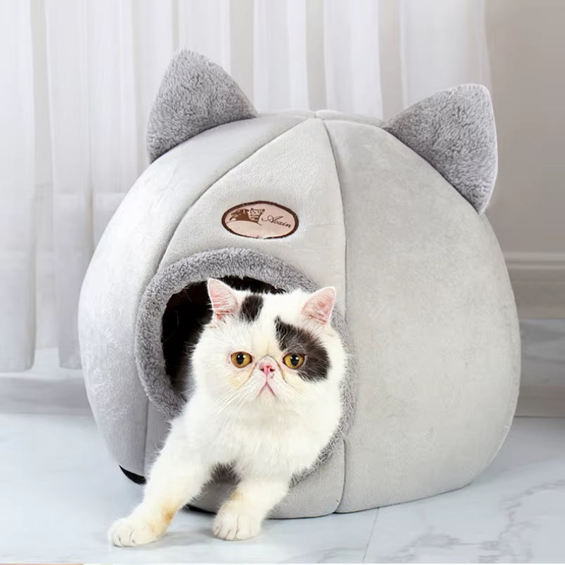 Winter Warm and Cold Proof Cat Bed Cozy Cat Cave Bed Cat Tent with Removable Cushion Pillow Cat Head Shape Cute Pet Supplies