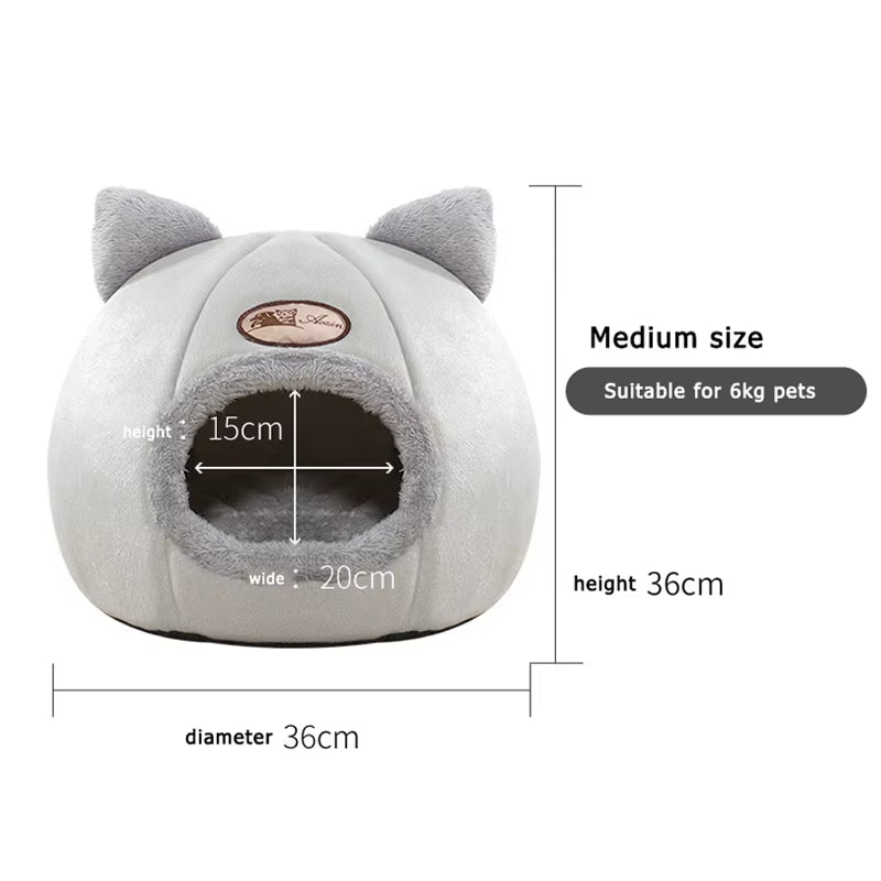 Winter Warm and Cold Proof Cat Bed Cozy Cat Cave Bed Cat Tent with Removable Cushion Pillow Cat Head Shape Cute Pet Supplies